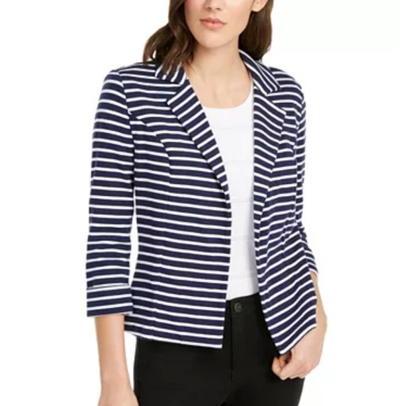 Maison Jules Navy and White Knit Striped Open Front Blazer with pockets. - Picture 4 of 5